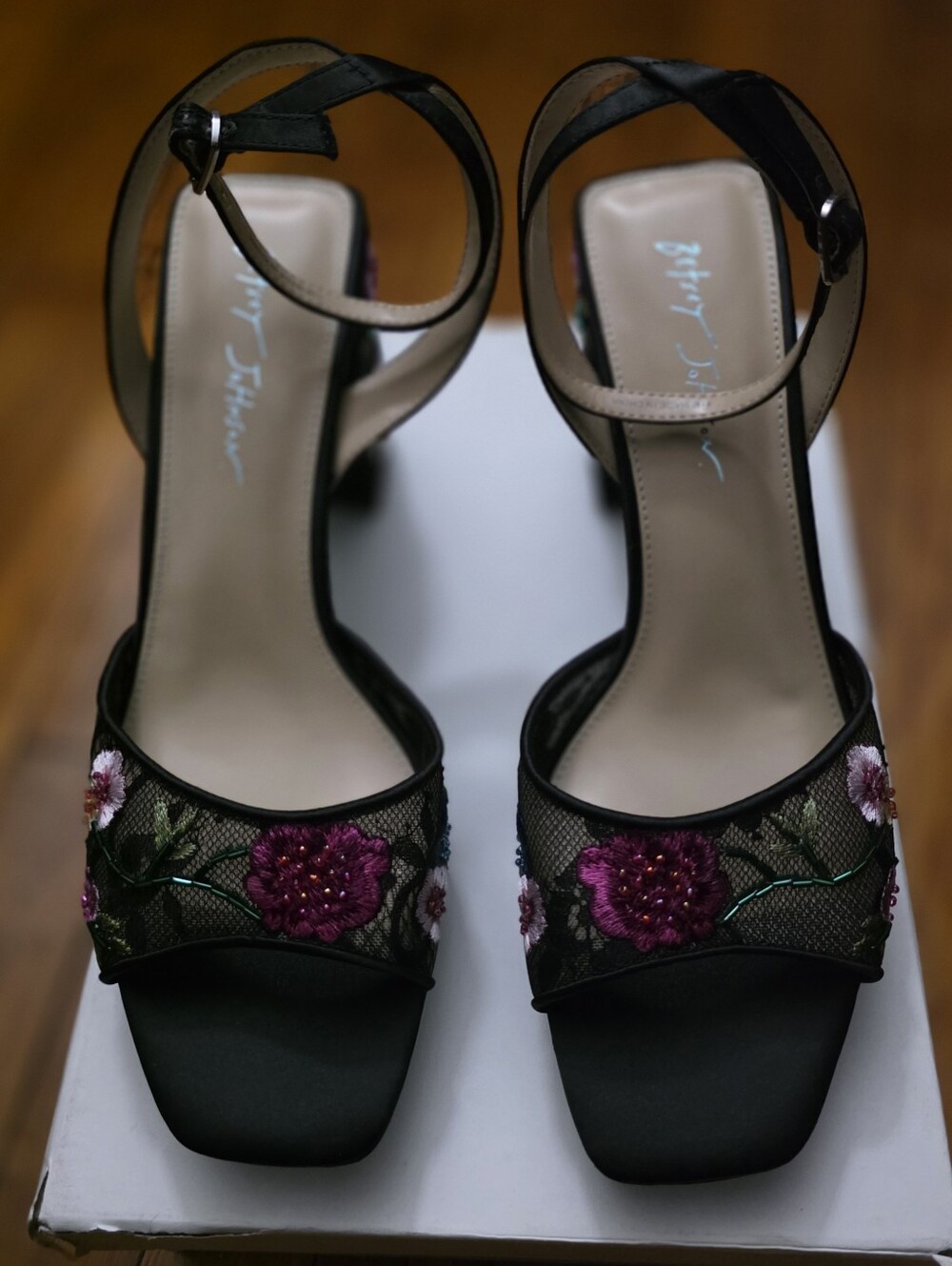 Betsey Johnson Black Floral Embroidered Mesh Block Heel Sandals - Picture 2 of 6